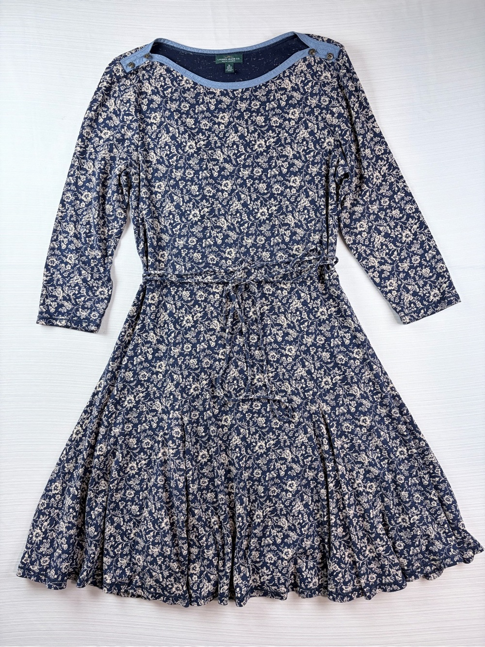 RL Vintage-Inspired Navy Blue Floral Print Long Sleeve Midi Dress with Waist Tie